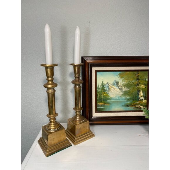 Vintage 12 Inch Brass Candles Holders Pair Heavy Base 1970s - Picture 5 of 9